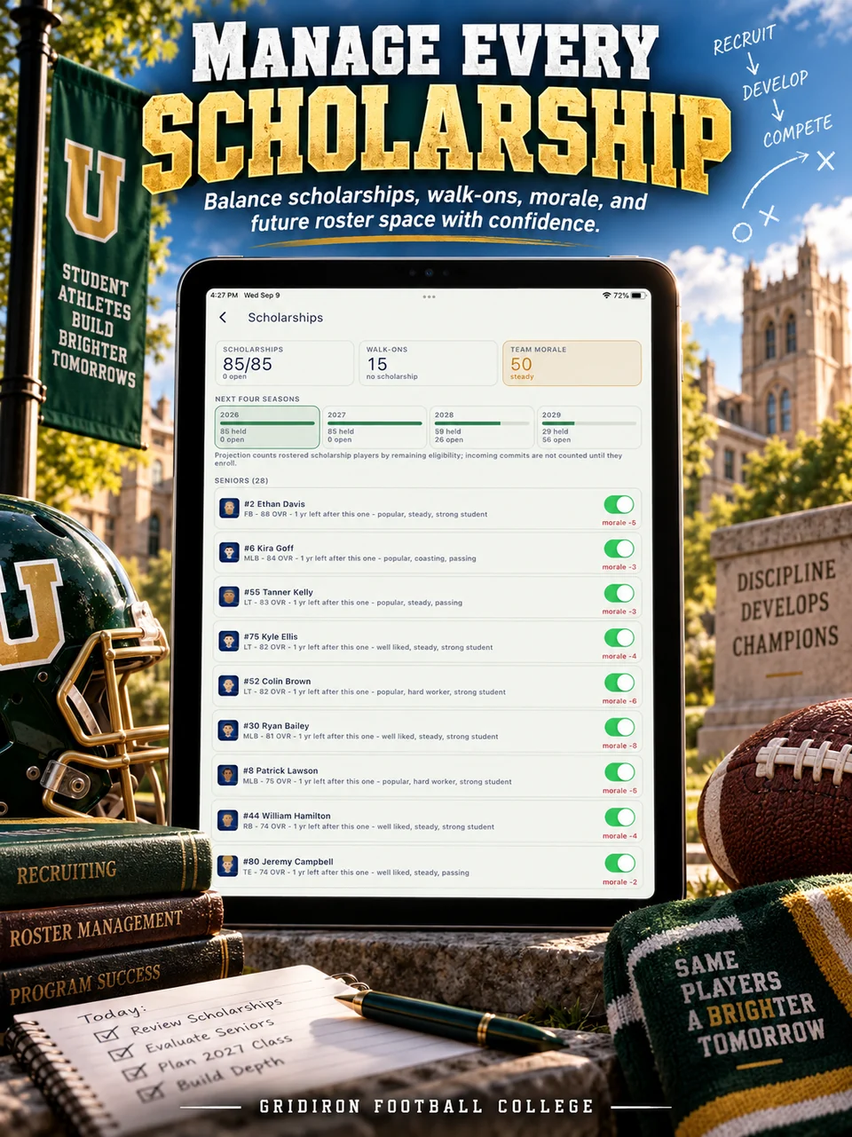 Gridiron Football College promotional screenshot: Manage every scholarship