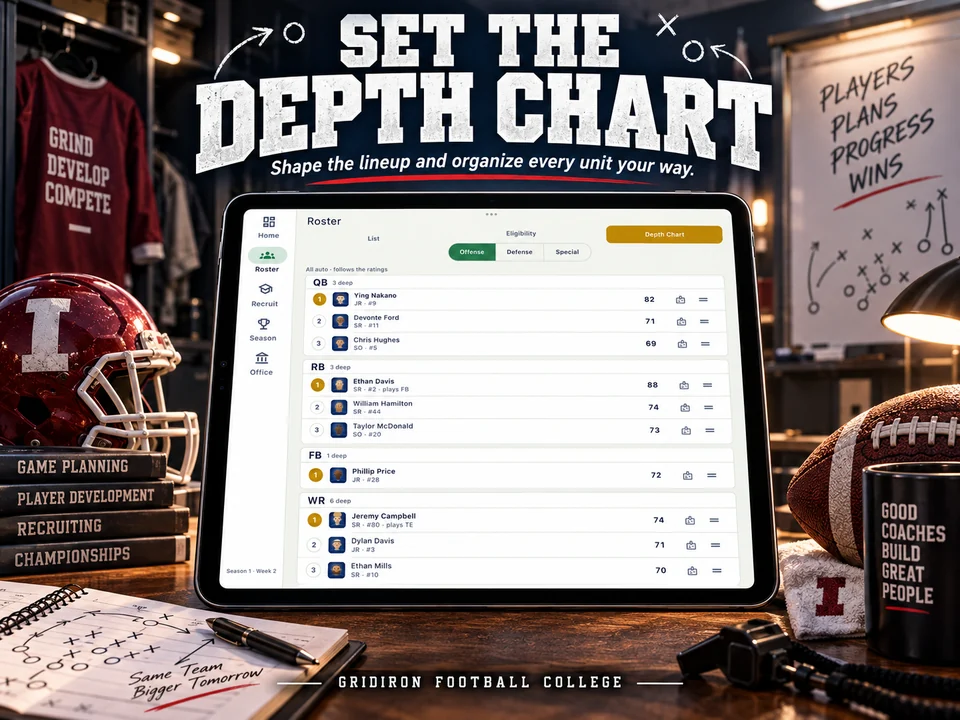 Gridiron Football College promotional screenshot: Set the depth chart