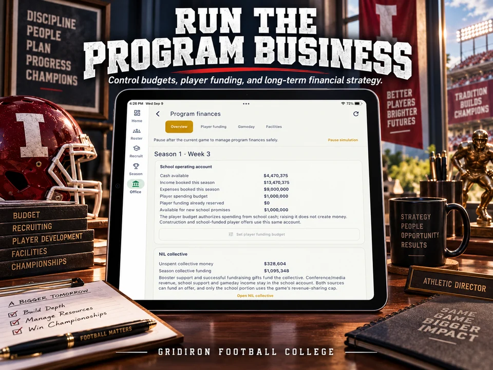 Gridiron Football College promotional screenshot: Run the program business