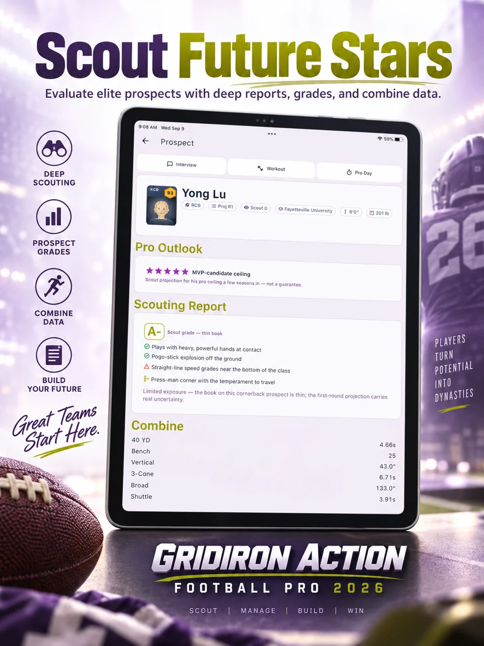 Gridiron Football Pro promotional screenshot: Scout future stars