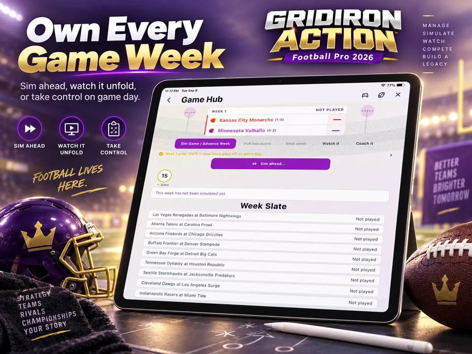 Gridiron Football Pro promotional screenshot: Own every game week