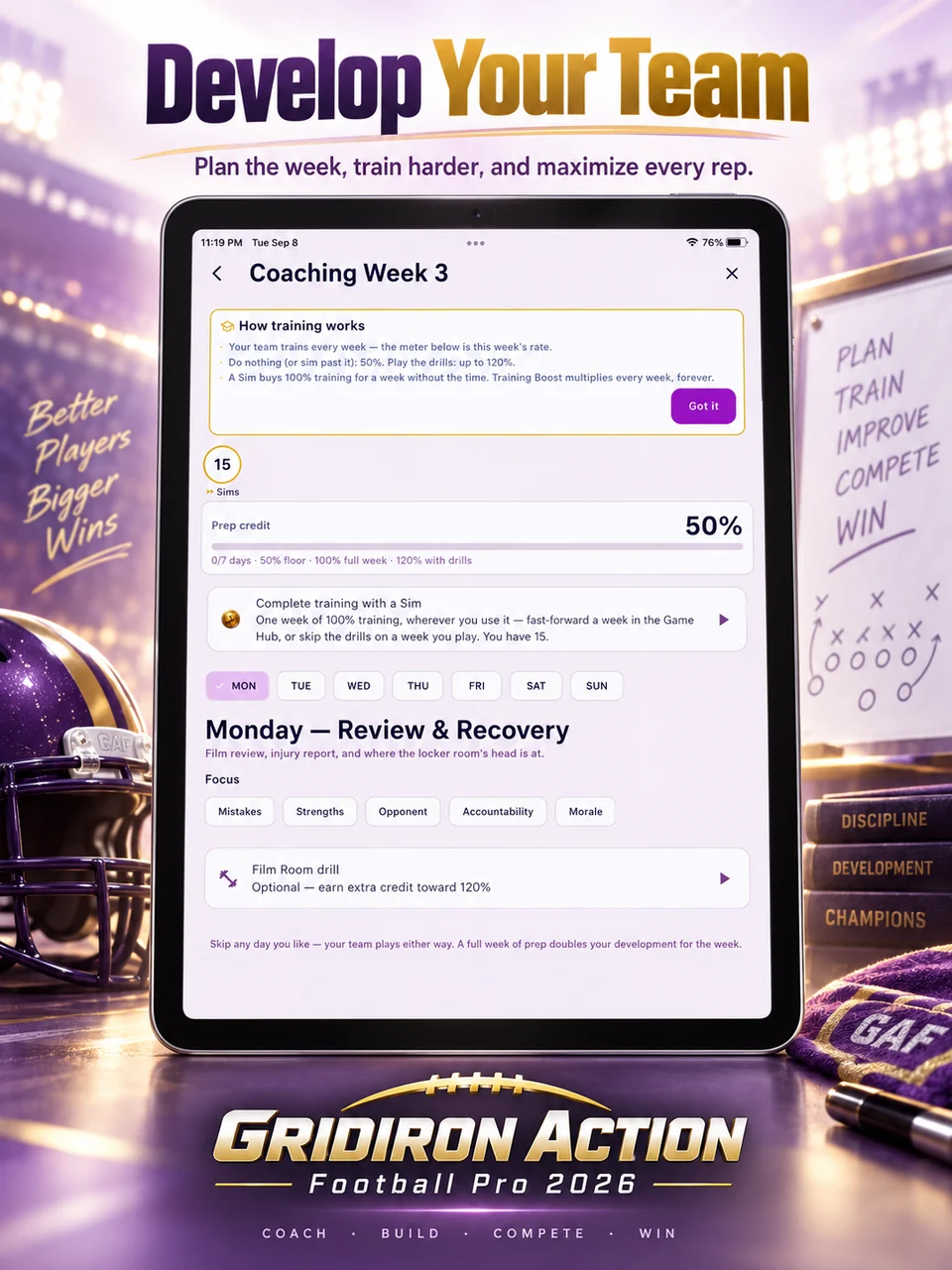 Gridiron Football Pro promotional screenshot: Develop your team