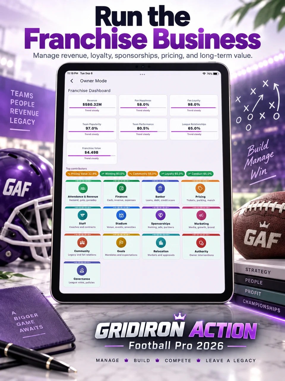 Gridiron Football Pro promotional screenshot: Run the franchise business