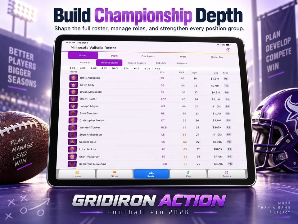 Gridiron Football Pro promotional screenshot: Build championship depth